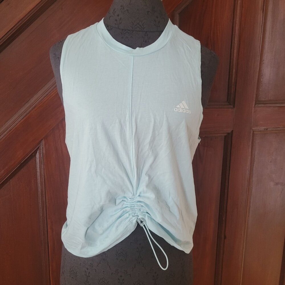 Adidas Womens Sleeveless Adjustable Ruched Tank Top M Light Blue Cotton Blend At
